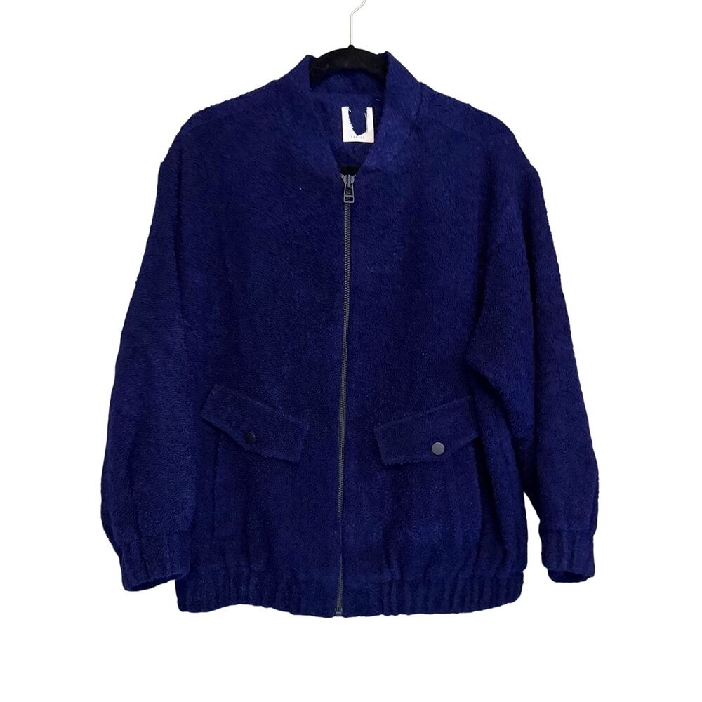 Hush Aiden Boucle Teddy Fleece Bomber Jacket L/XL Blue Full Zip Cozy Streetwear